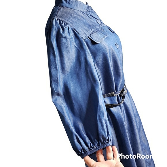 Massimo Dutti Shirt Dress 3/4 Sleeves Mockneck Minimalist Lyocell Chambray Midi - Picture 2 of 16